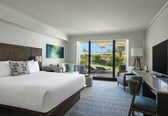 A hotel room with a large bed, a desk, a TV, and a view of the outdoors.