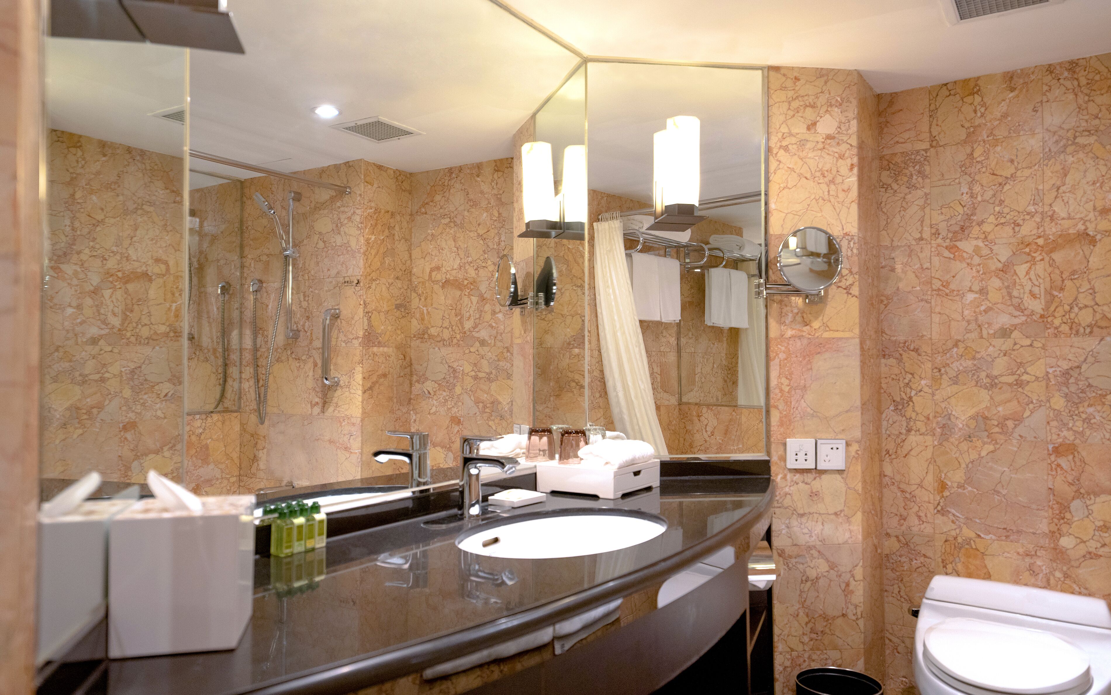 Une salle de bain moderne avec un grand miroir, un lavabo, une douche et des toilettes.