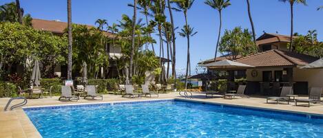 Outdoor pool, pool umbrellas, pool loungers