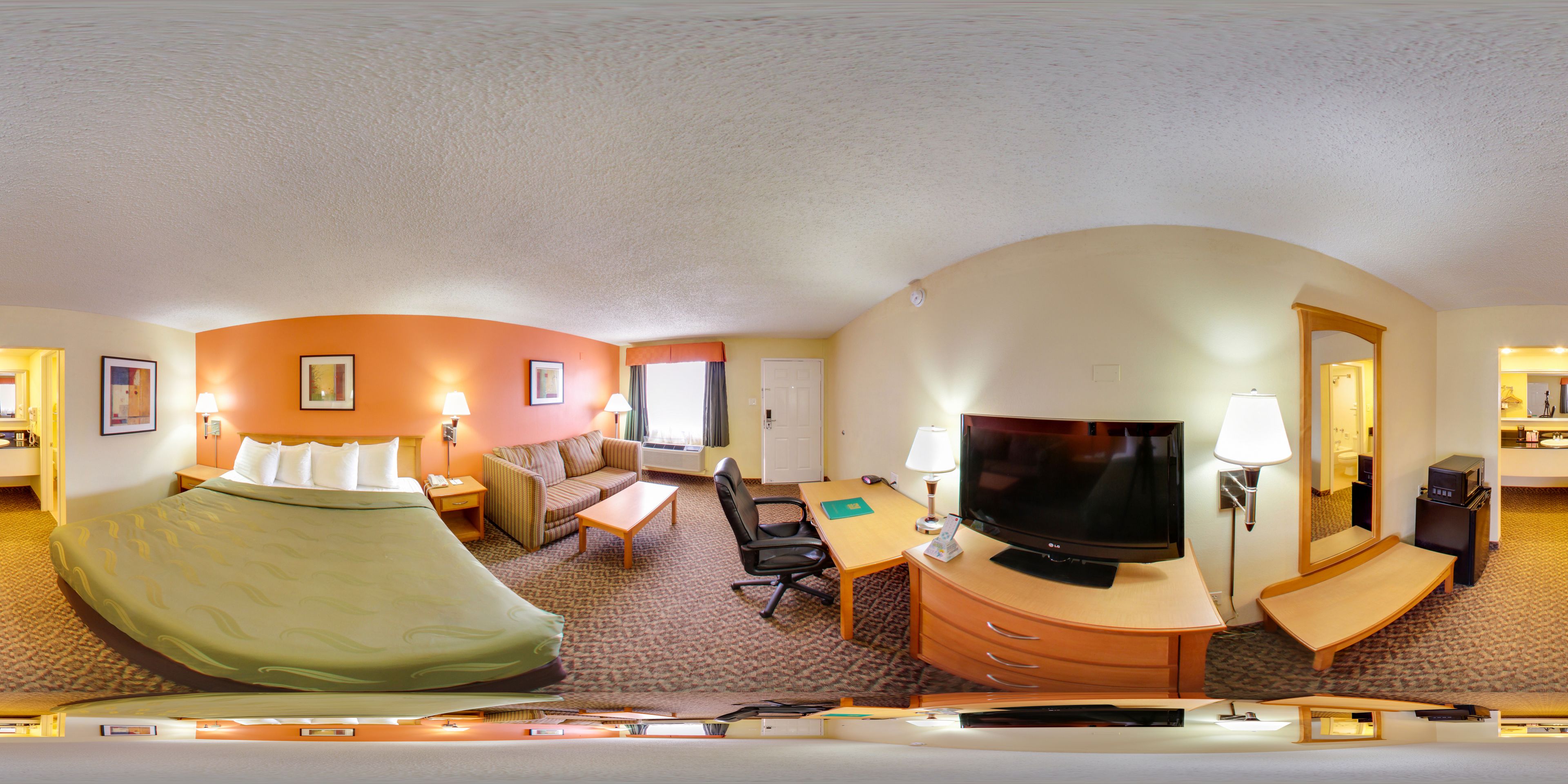 A hotel room with a bed, a sofa, a desk with a TV, and a bathroom.