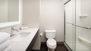 Bany modern amb un envàs de vidre, un lavabo i un vàter blancs.