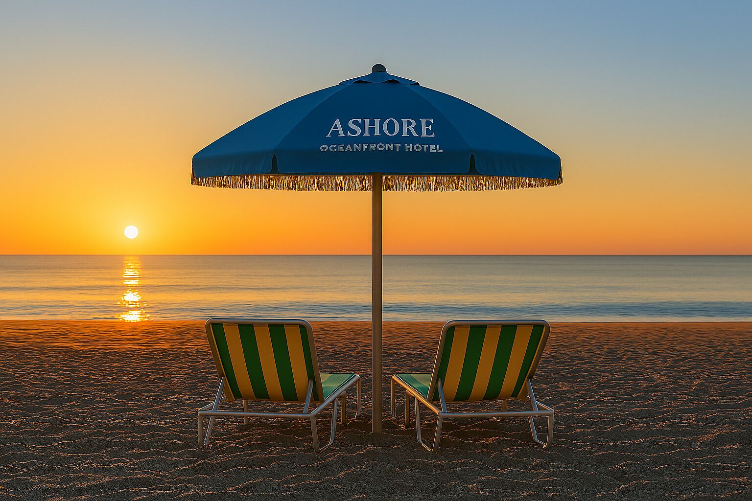 Dos sillas de playa bajo una sombrilla con la leyenda 'ASHORE OCEANFRONT HOTEL'.