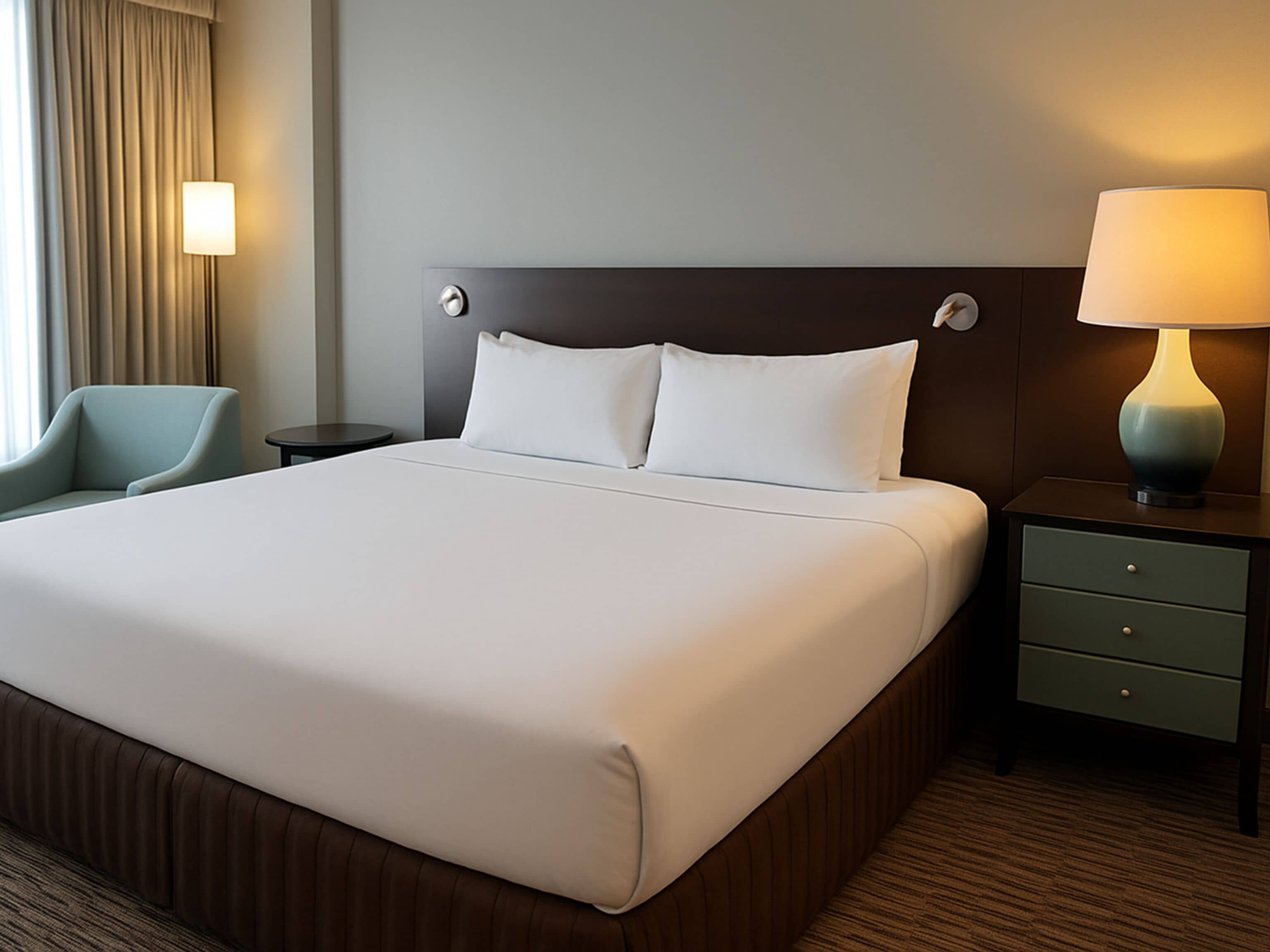 A hotel room with a large bed, a bedside table with a lamp, a chair, and a nightstand.