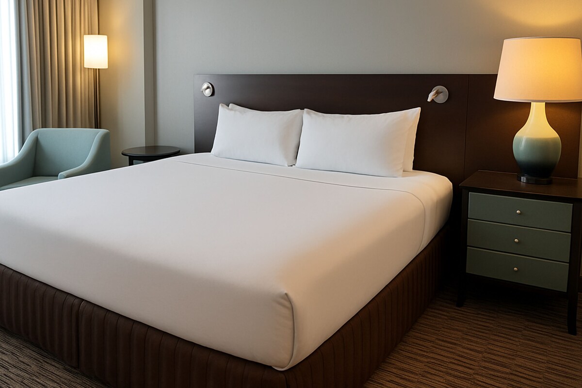 Een hotelkamer met een groot bed, een nachtkastje met een lamp, een stoel en een bijzettafeltje.