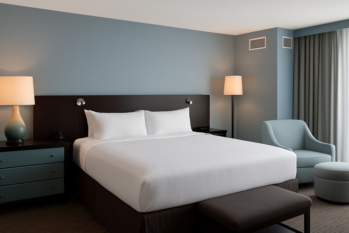 Een hotelkamer met een groot bed, nachtkastjes, een stoel en een raam met gordijnen.