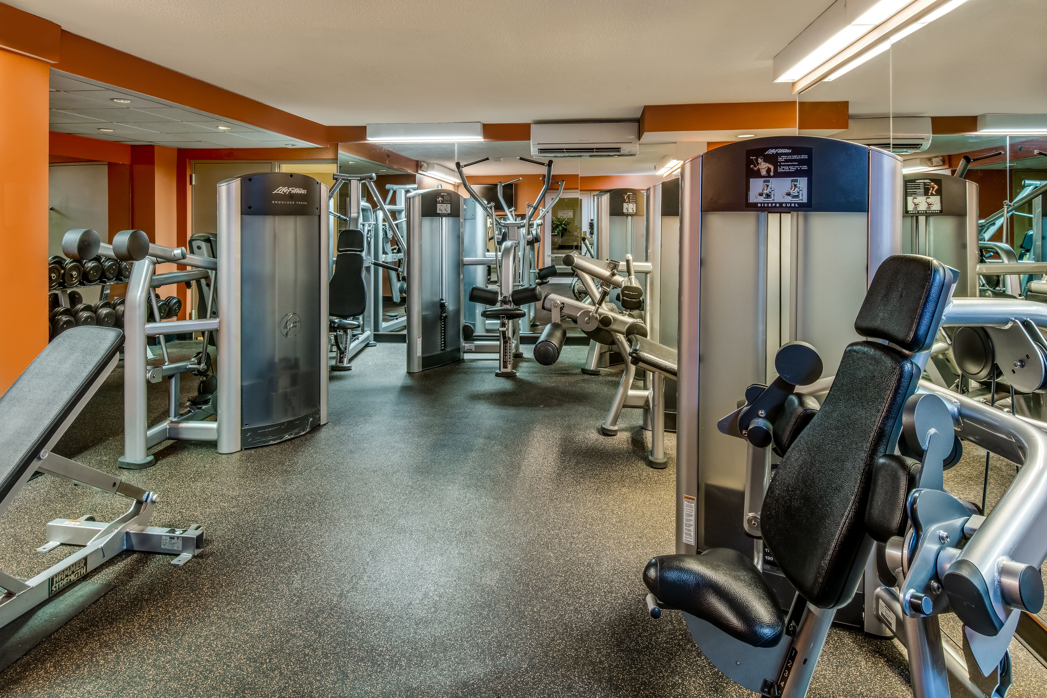 A gym with various exercise machines, a mirror, and a wall-mounted TV displaying workout videos.