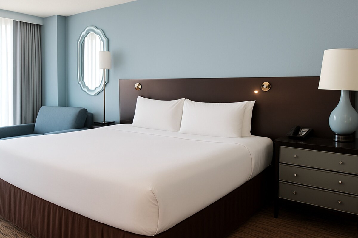 Een groot bed met witte lakens, een donker houten hoofdeinde, een nachtkastje met een lamp en een stoel.