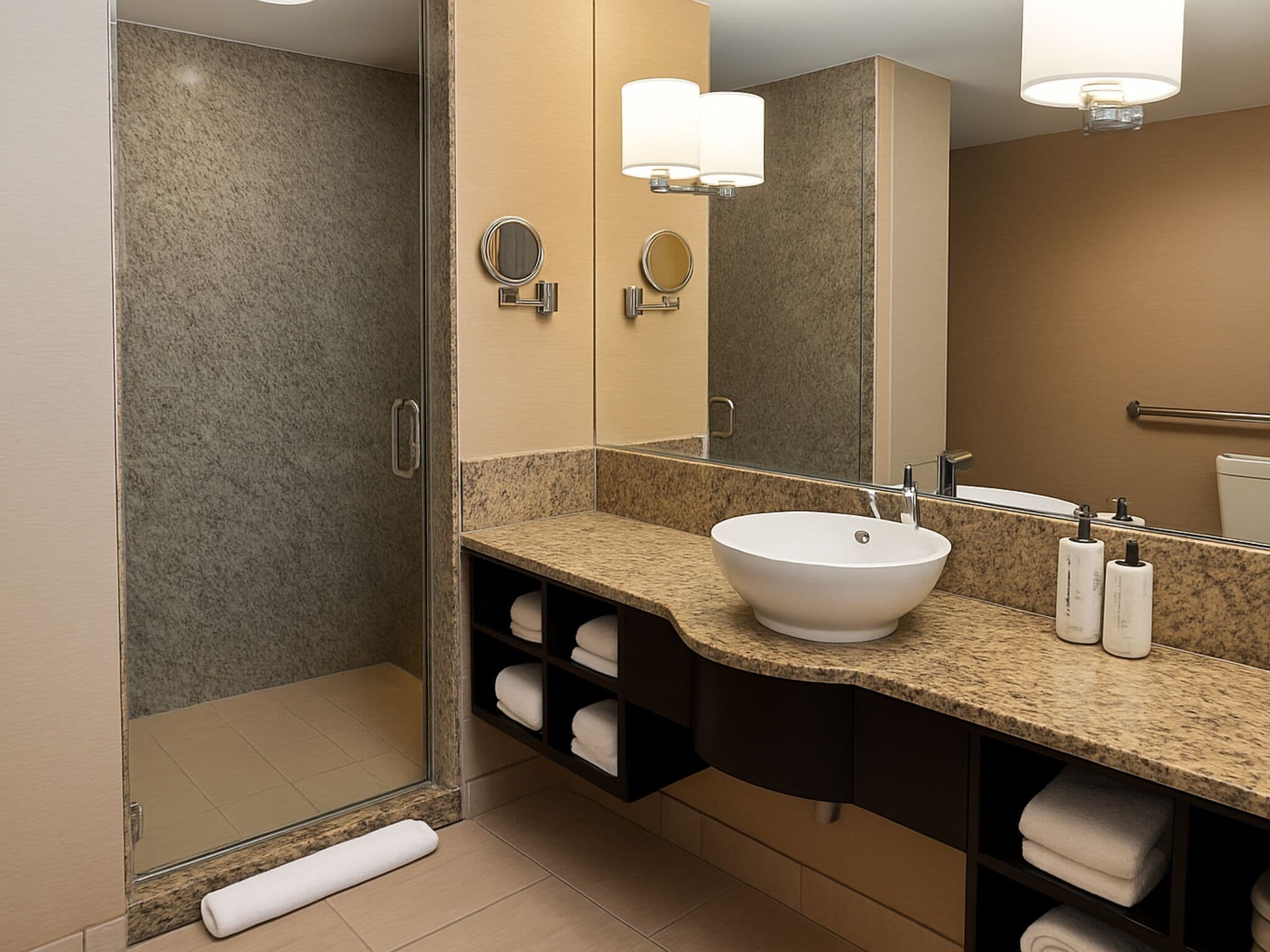 A modern bathroom with a glass-enclosed shower, a granite countertop, a white sink, and a large mirror.