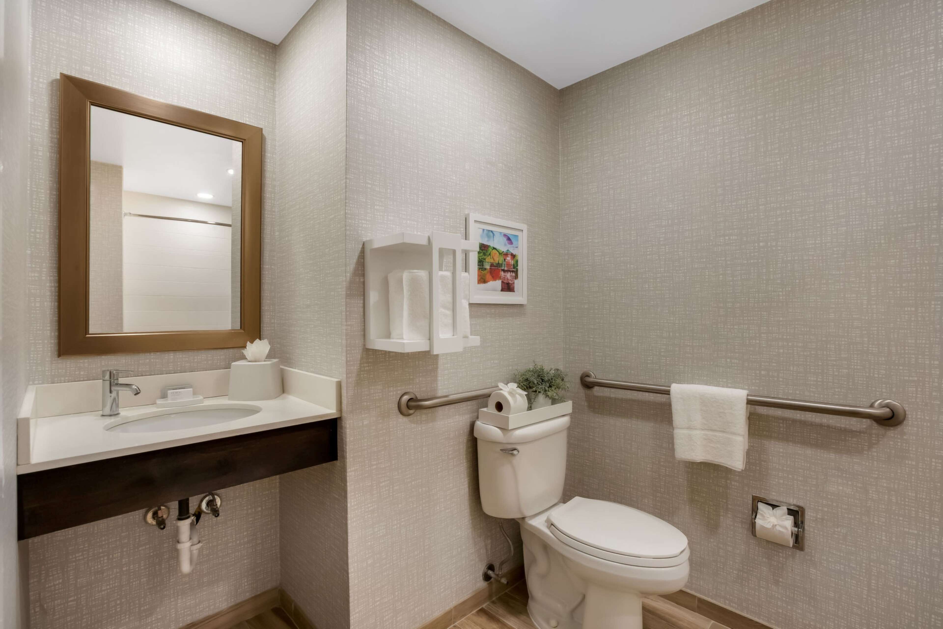 Een badkamer met een wastafel, spiegel, toilet, handdoekrek en een lijst met een afbeelding aan de muur.