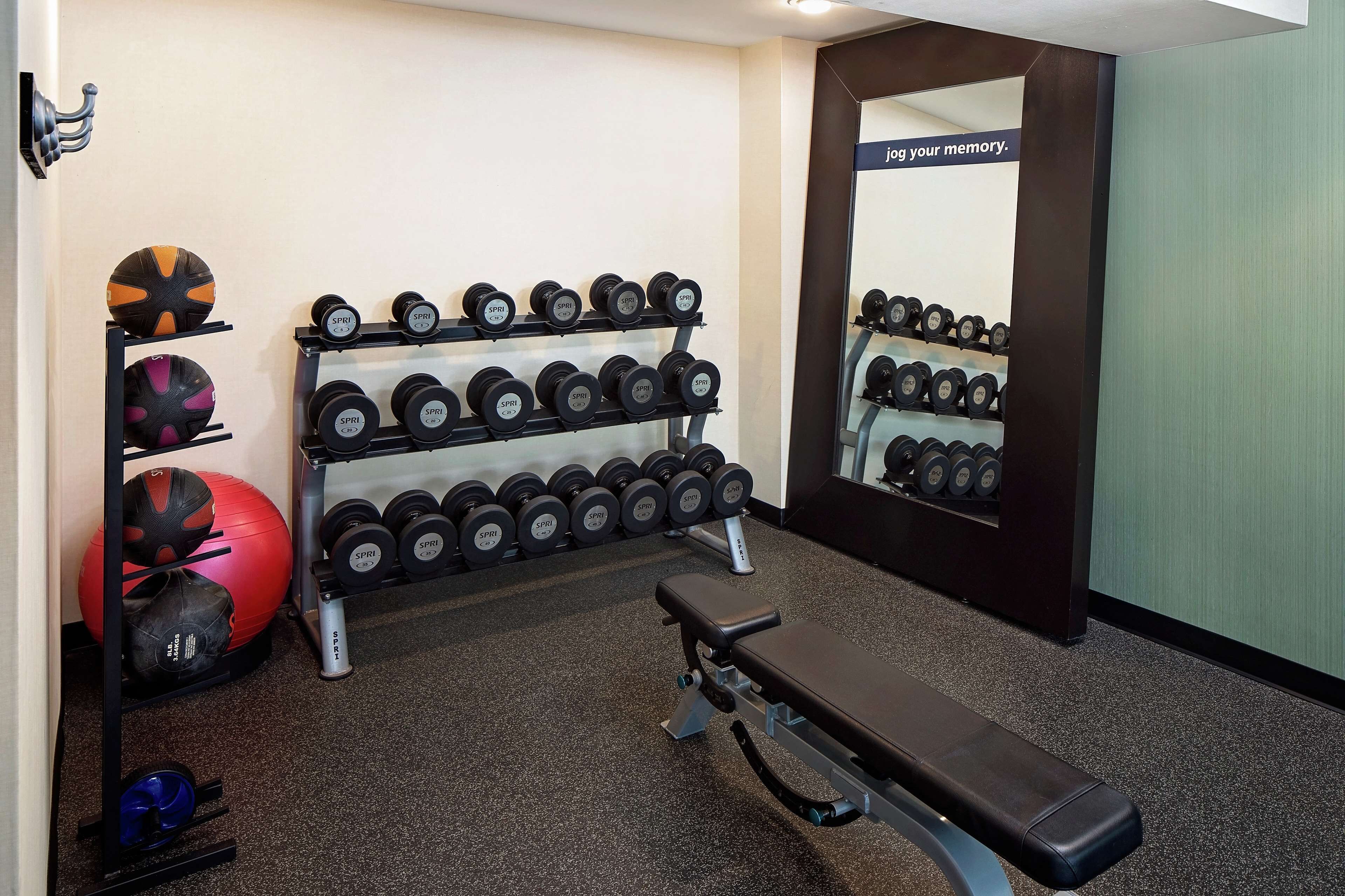 A gym with a bench, dumbbells, and exercise balls.