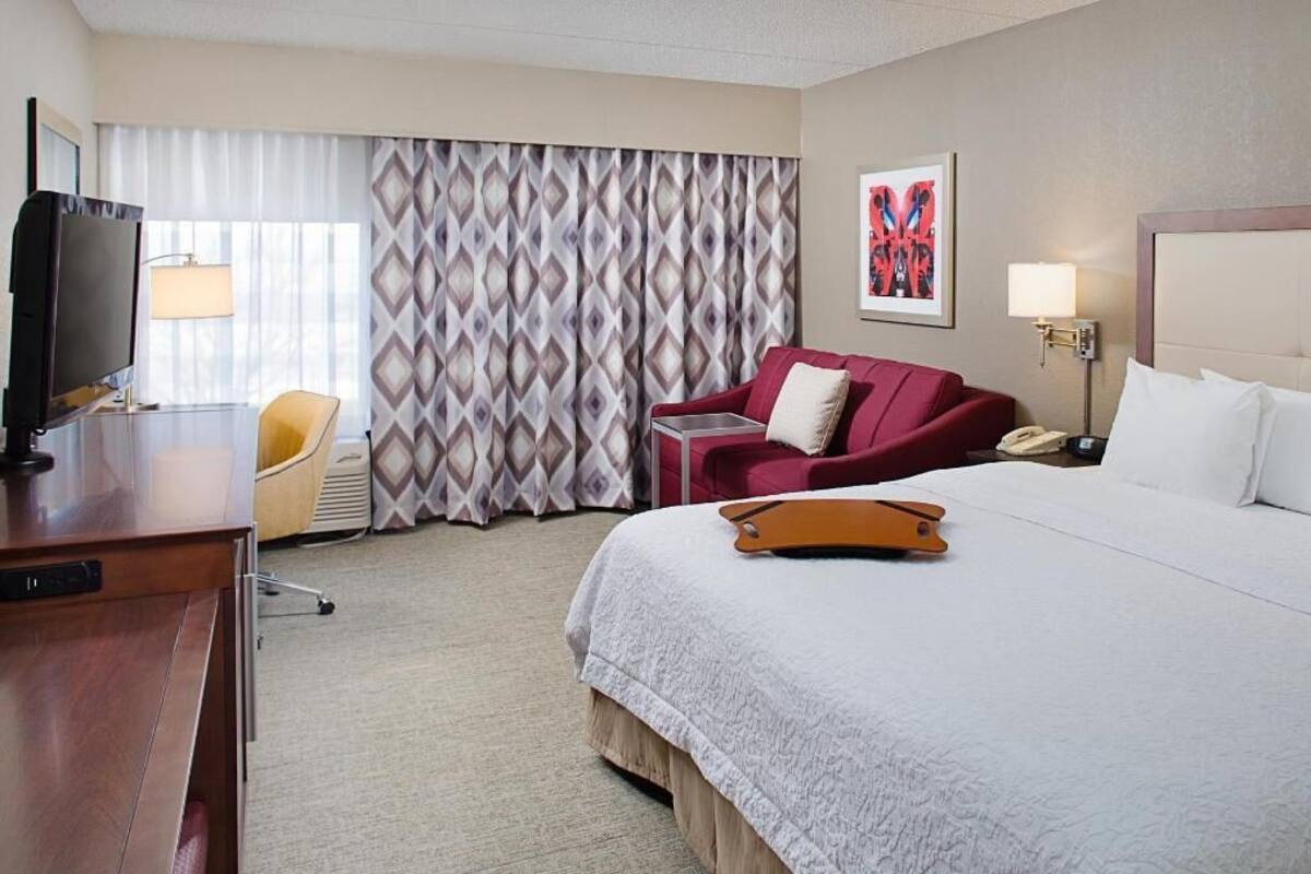 A hotel room with a bed, a desk, a TV, a chair, a red sofa, and a window with curtains.