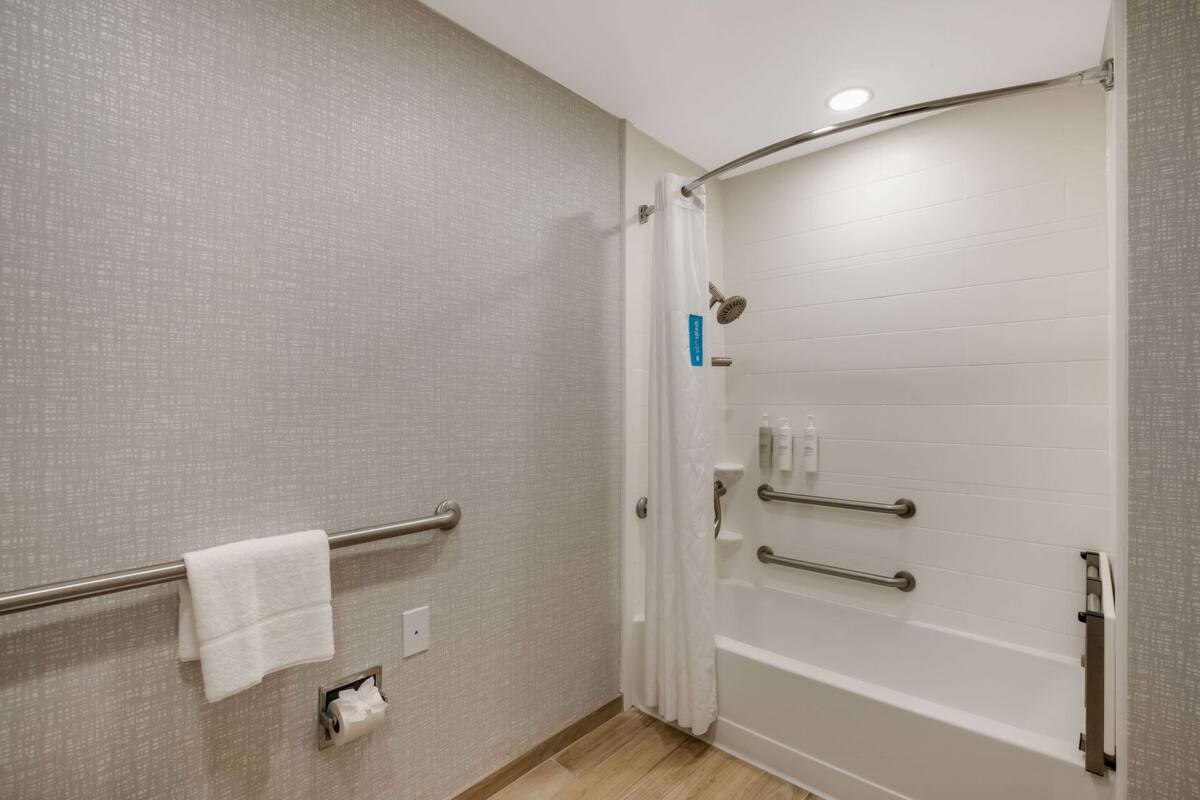 A modern bathroom with a shower, grab bars, a towel rack, and a toilet paper dispenser.