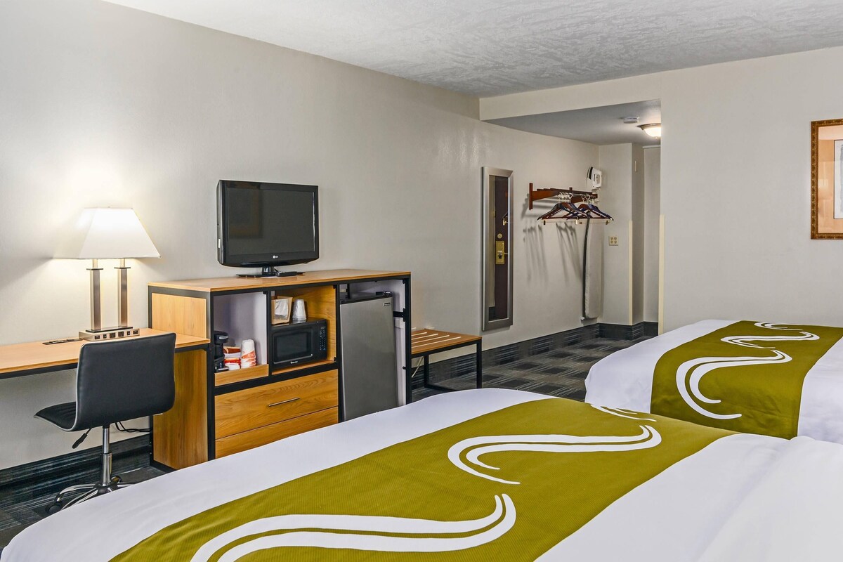 Una habitación de hotel con dos camas, un escritorio con televisor, una silla, un armario y un espejo.
