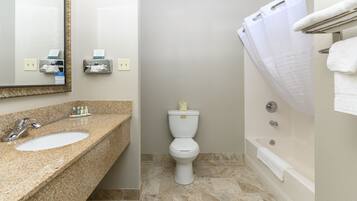 Ein Badezimmer mit Waschbecken aus Granit, Toilette und Badewanne mit Duschvorhang.