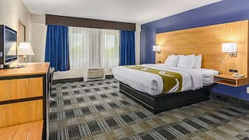 Premium bedding, desk, blackout curtains, soundproofing