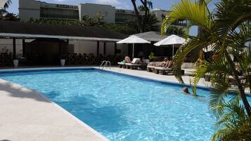 Outdoor pool, pool umbrellas, pool loungers