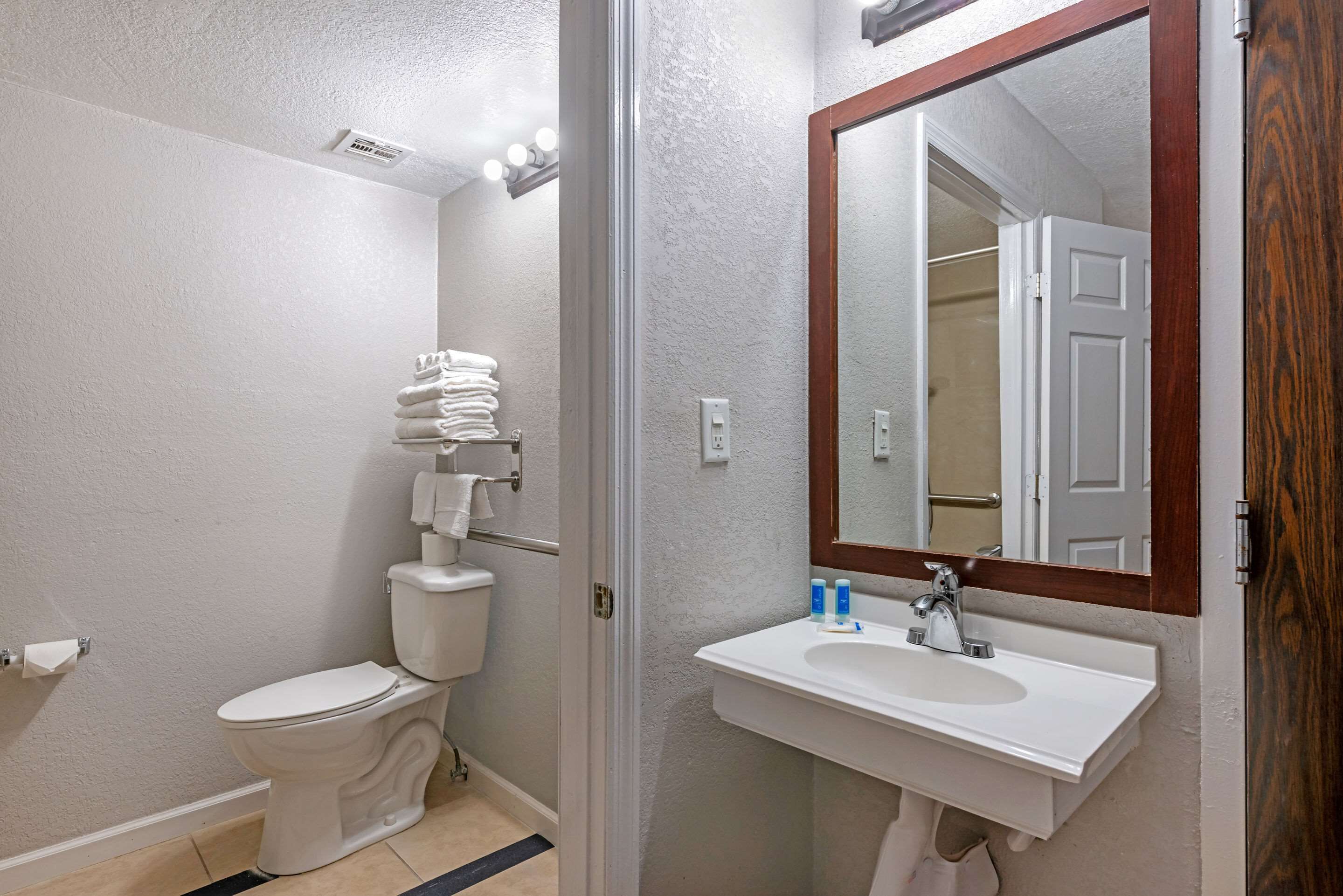 A bathroom with a toilet, sink, and mirror.