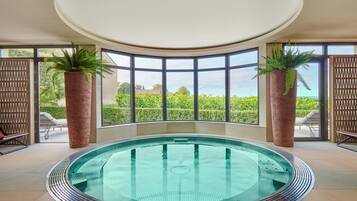 Ein kreisförmiger, überdachter Pool mit Blick auf einen Garten durch große Fenster.