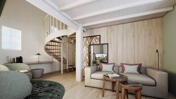 A modern living room with a spiral staircase, a sofa set, and a round coffee table.