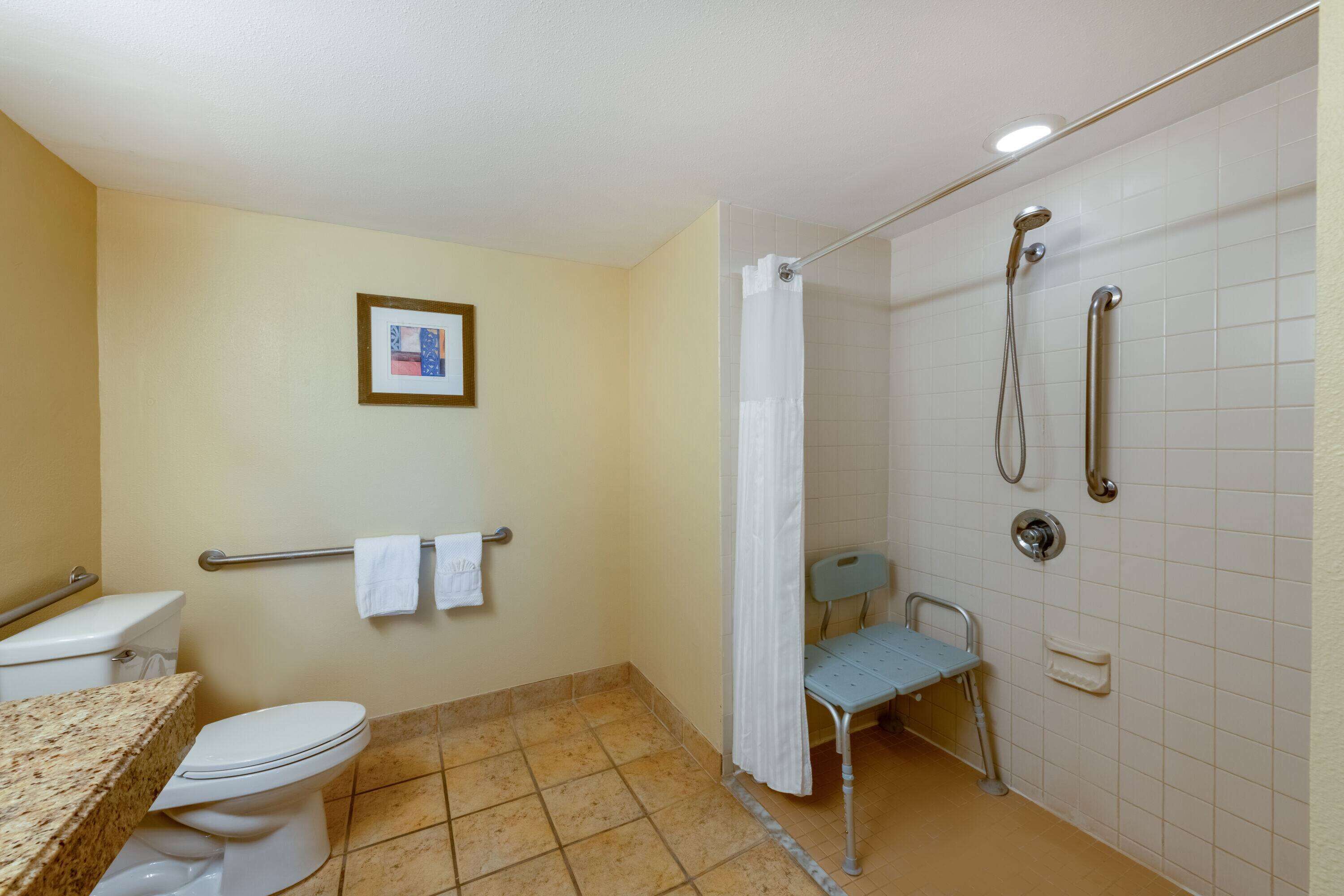 A bathroom with a toilet, a shower with a grab bar, a chair, and a towel rack.
