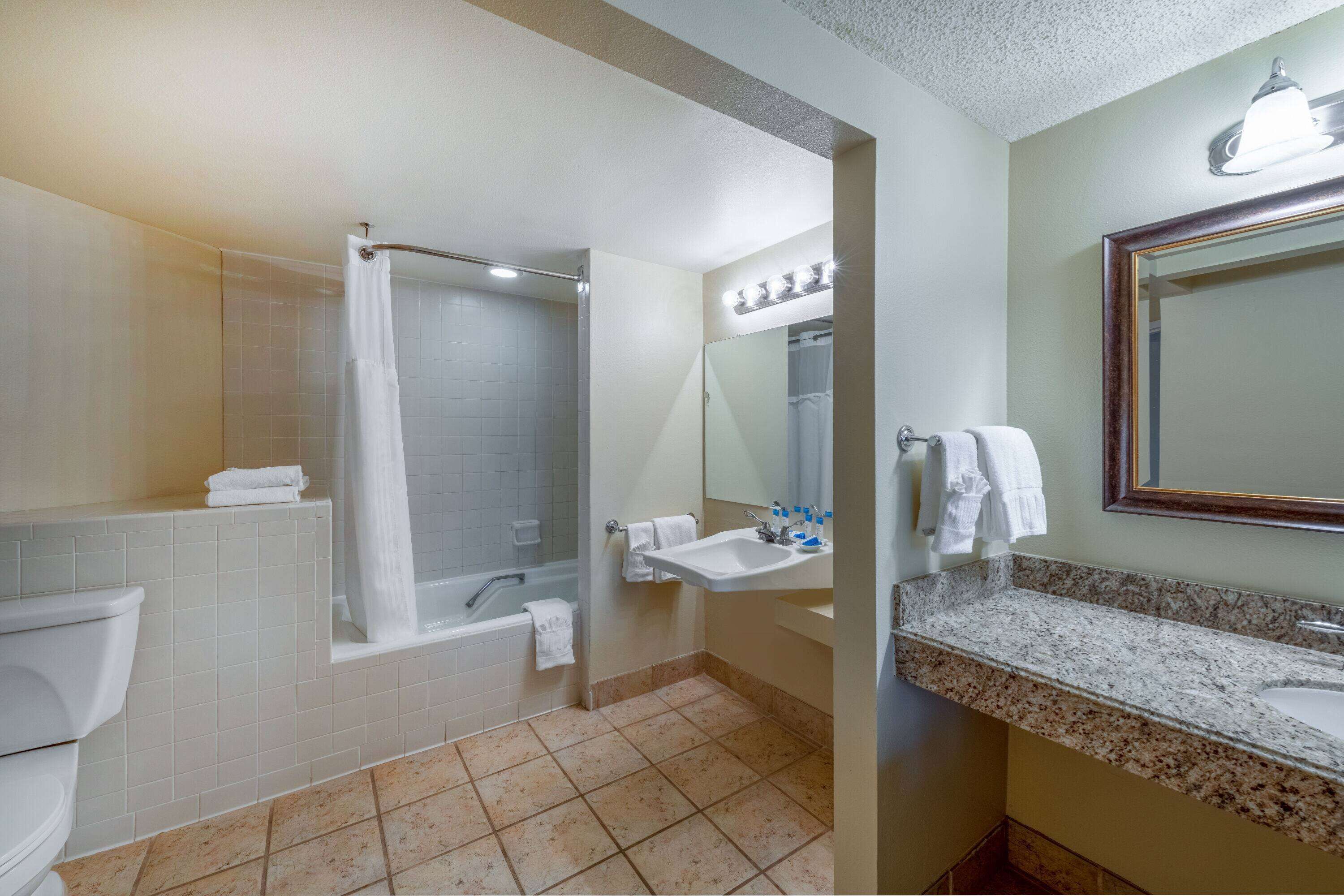 A bathroom with a shower, toilet, sink, and mirror.