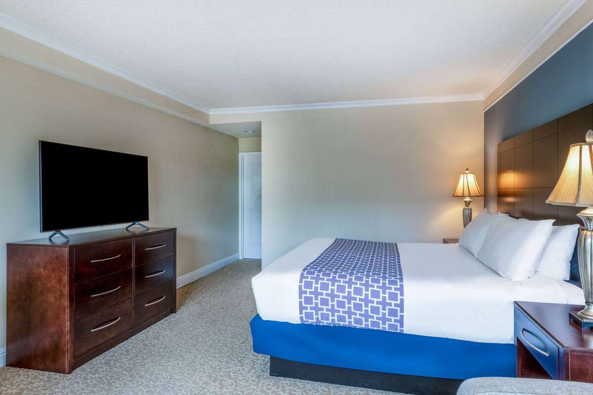 A hotel room with a large bed, a flat-screen TV, a dresser, and a nightstand with a lamp.