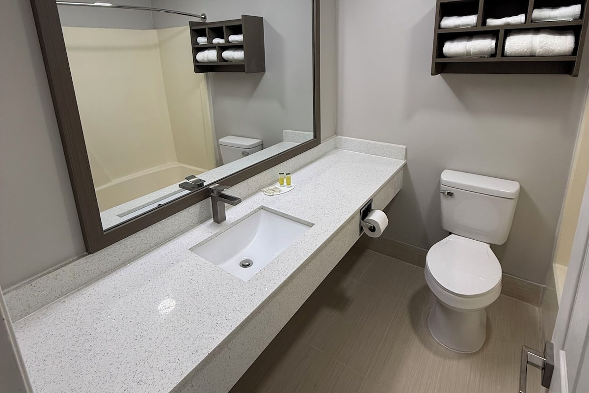 A modern bathroom with a large mirror, a sink, a toilet, and a towel rack.