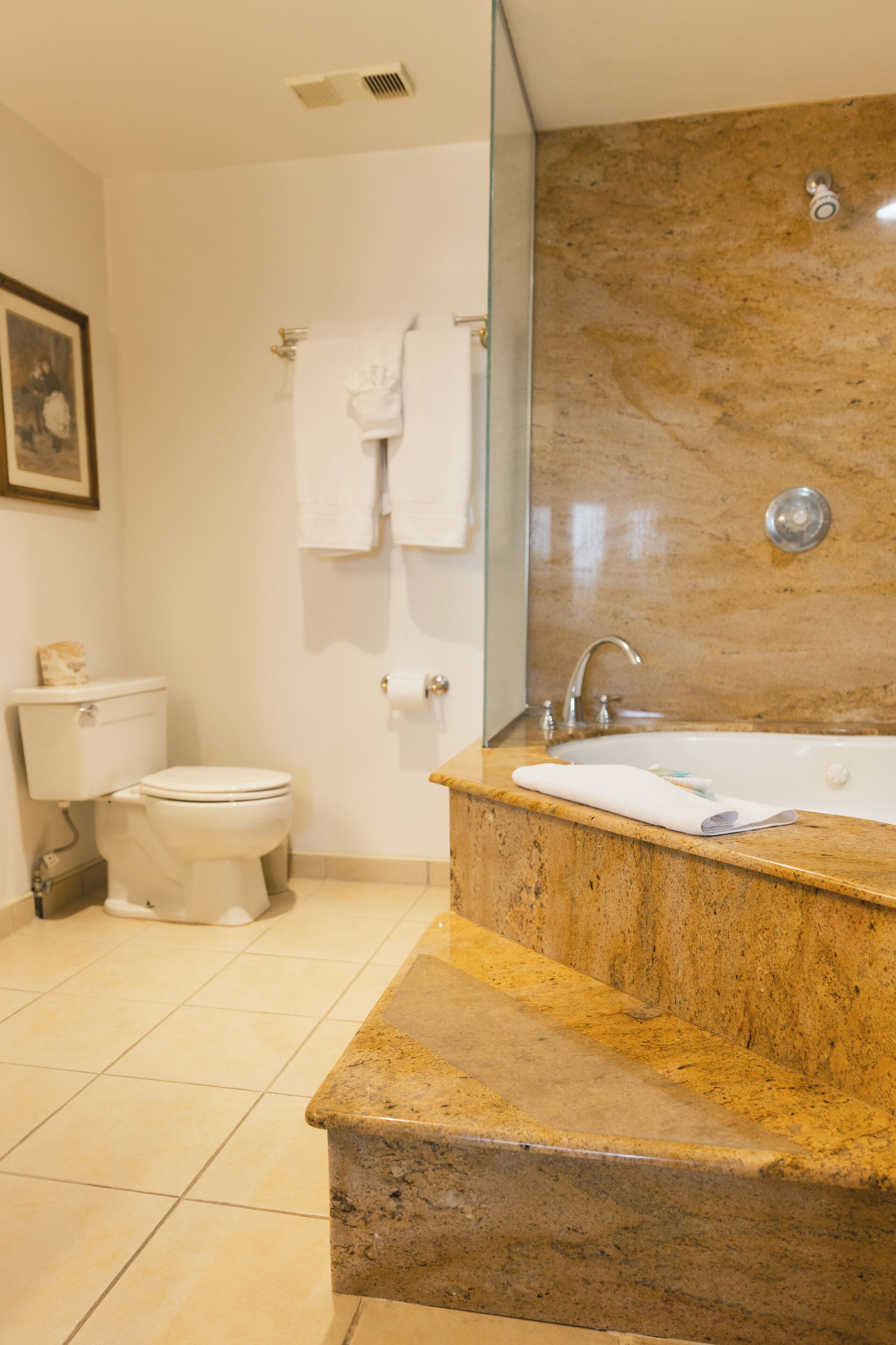 Un baño con lavamanos de mármol, inodoro y bañera.