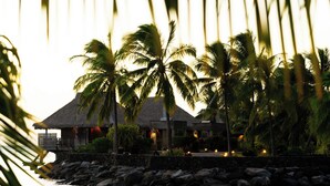 A resort with a thatched-roof building, palm trees, and a rocky shoreline.