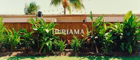 A sign with the name "HERRIAMA" on a wooden fence, surrounded by lush green plants and a palm tree in the background.