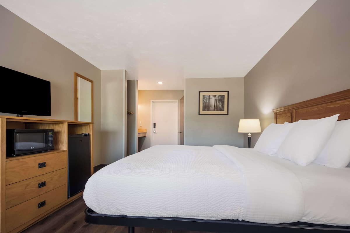 Ein Hotelzimmer mit einem Bett, einem Fernseher, einer Mikrowelle und einem Kühlschrank.