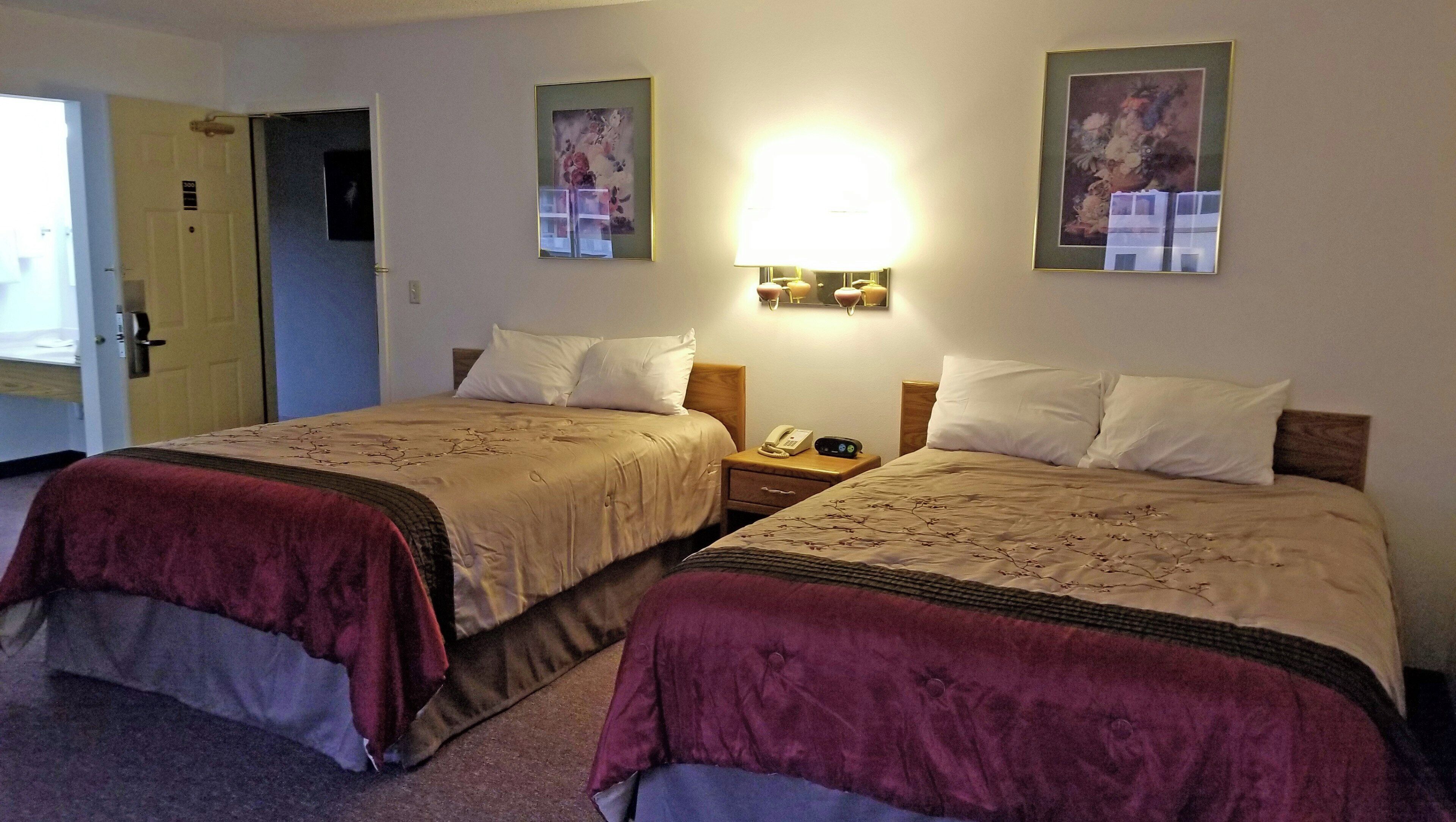 Een hotelkamer met twee bedden, een nachtkastje met een lamp, een telefoon en een deur.
