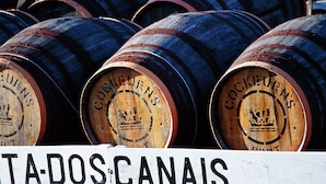 Barricas de madera apiladas en filas, cada una con un logotipo circular y texto.