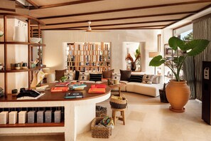 A living room with a curved wooden coffee table, a bookshelf, a sofa, and a large potted plant. - Zel Madrid (Madrid)