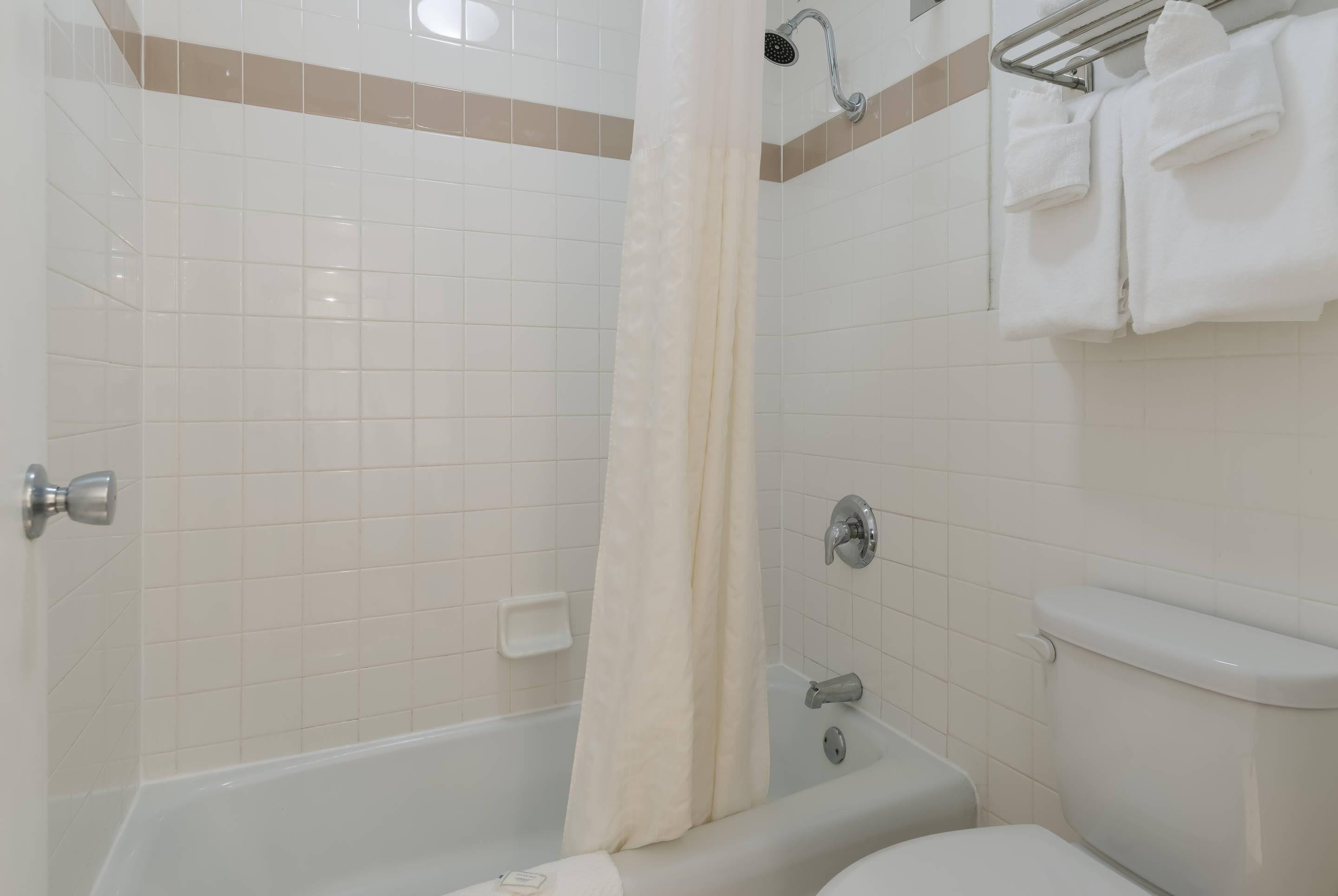 A bathroom with a bathtub, toilet, and shower curtain.