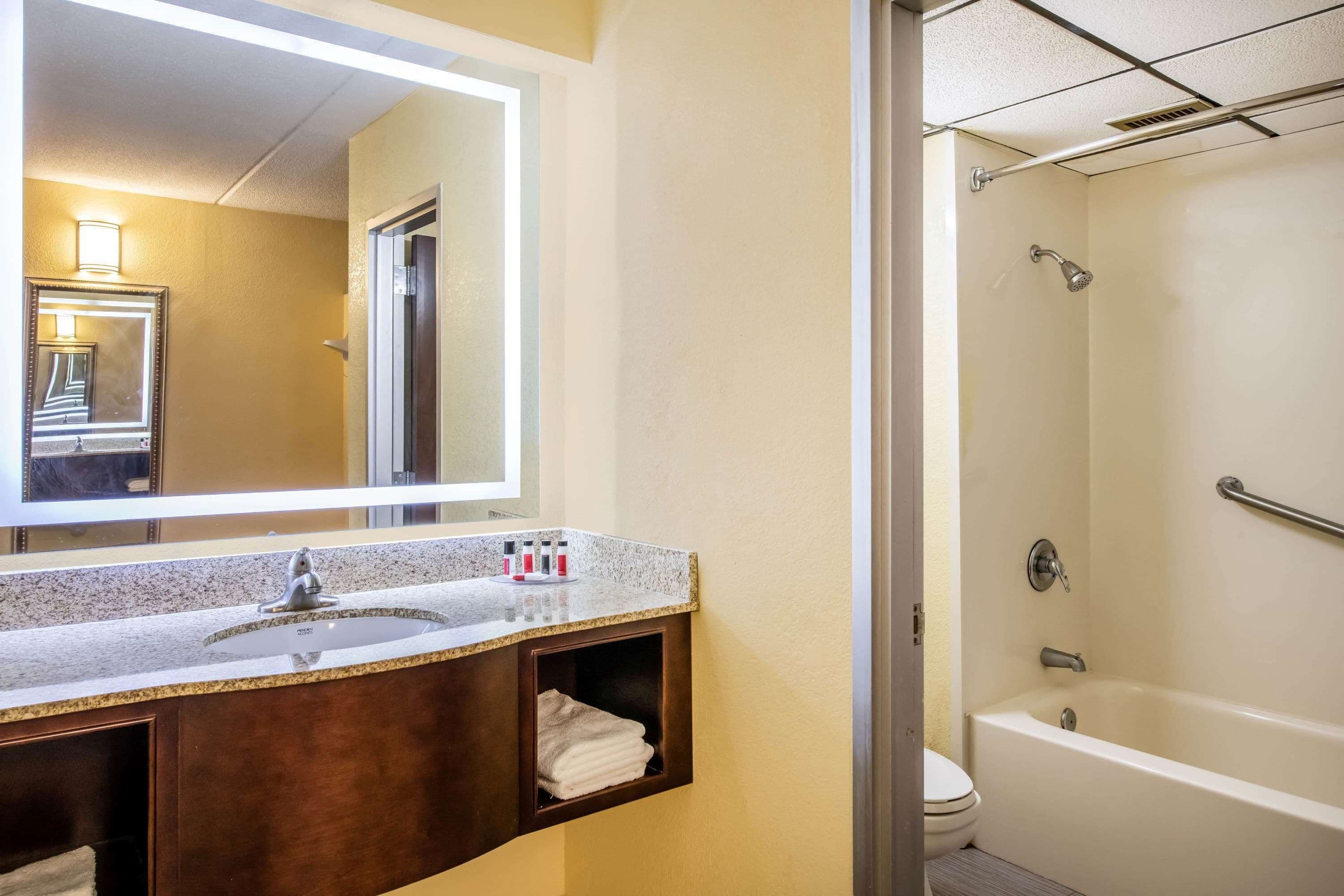 A bathroom with a sink, mirror, and shower.