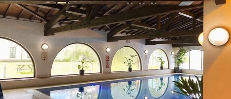 Une piscine intérieure dotée de fenêtres en arc de cercle et agrémentée de plantes en pot.