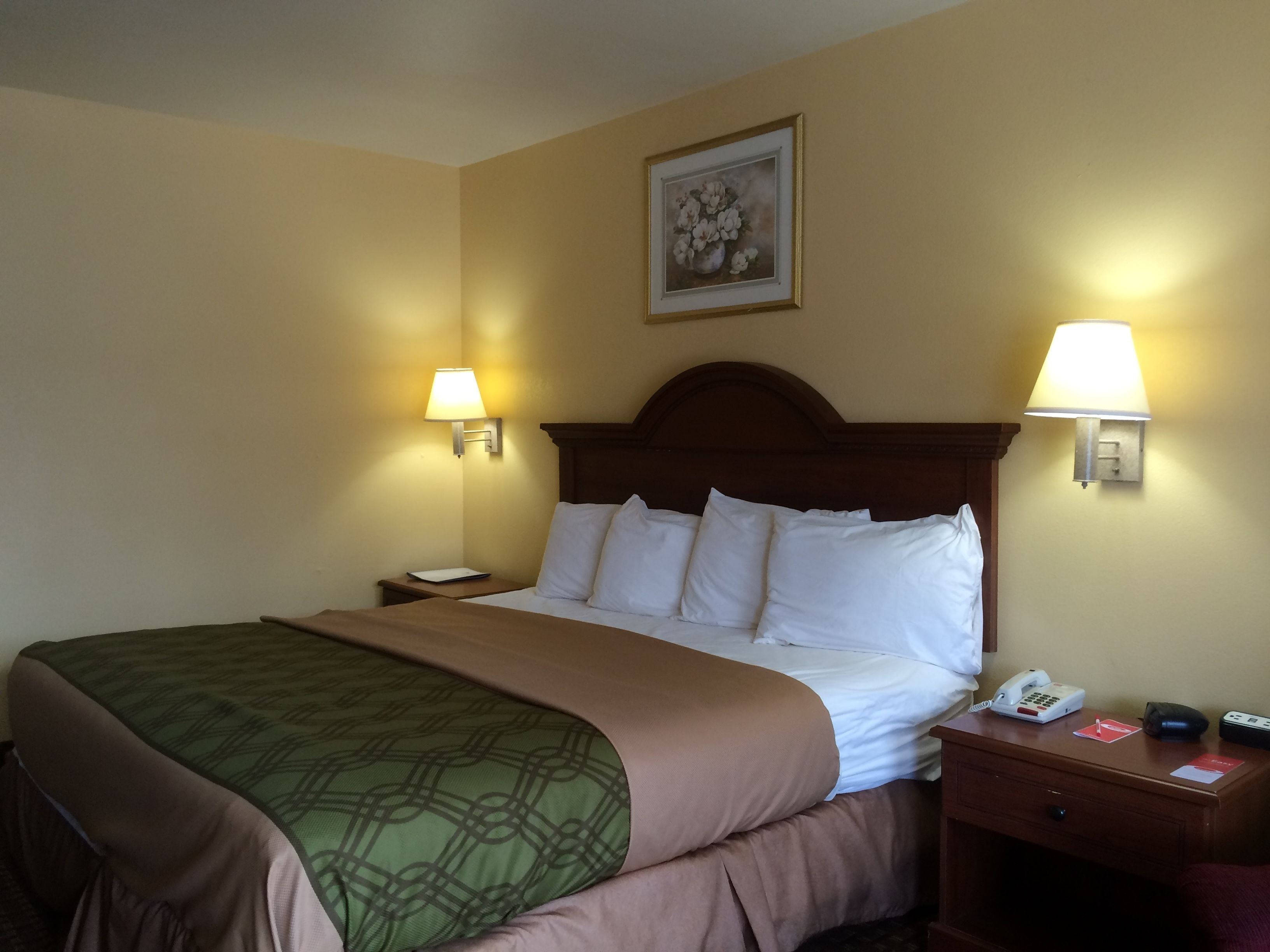 A hotel room with a bed, two bedside lamps, a nightstand with a phone, a framed picture on the wall, and a green patterned bedspread.