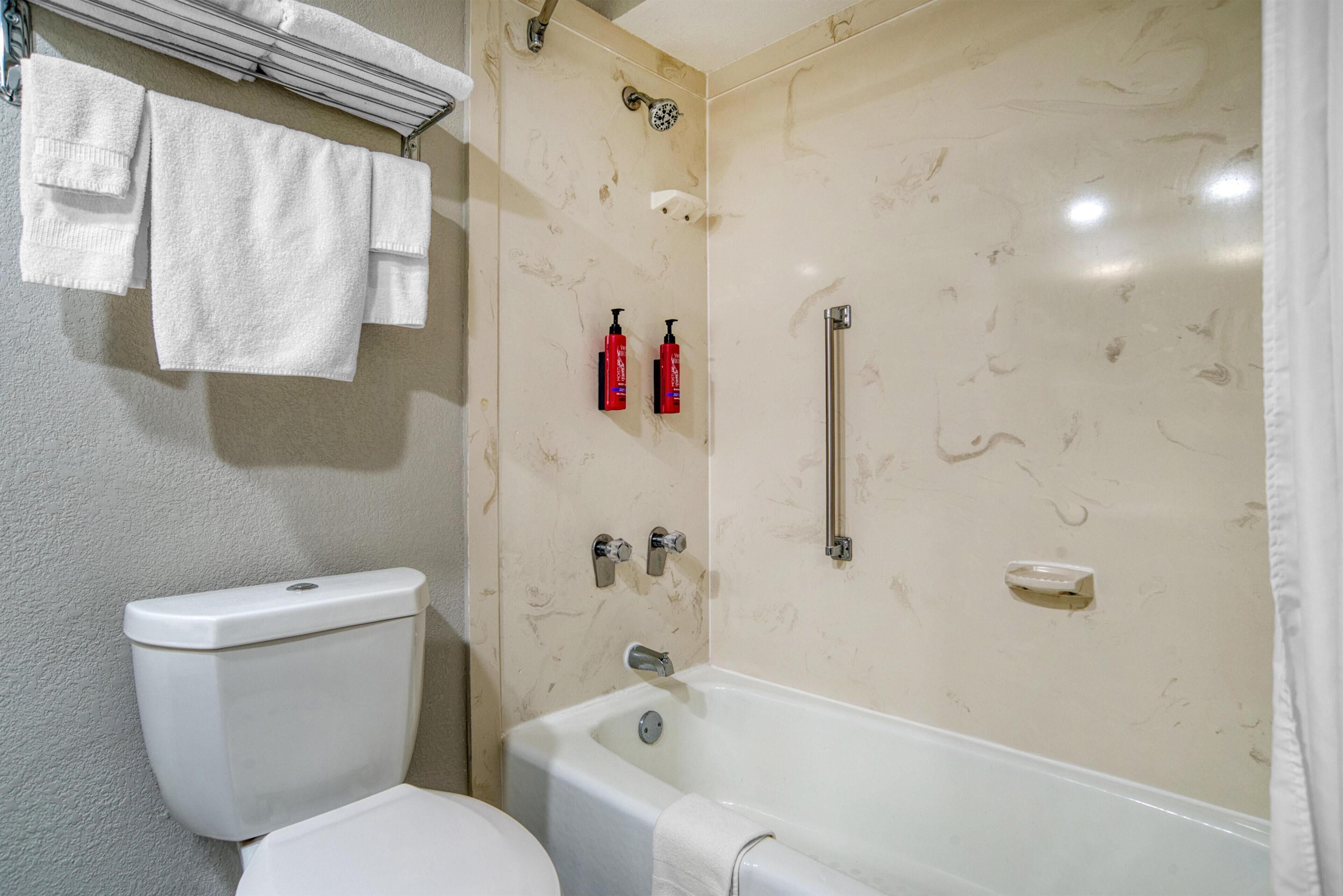 A bathroom with a toilet, a bathtub, and a shower area.