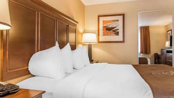 Hotelkamer met een groot bed, een houten hoofdbord, een nachtkastje met een lamp, een ingelijst schilderij aan de muur, en een deur naar een andere kamer.