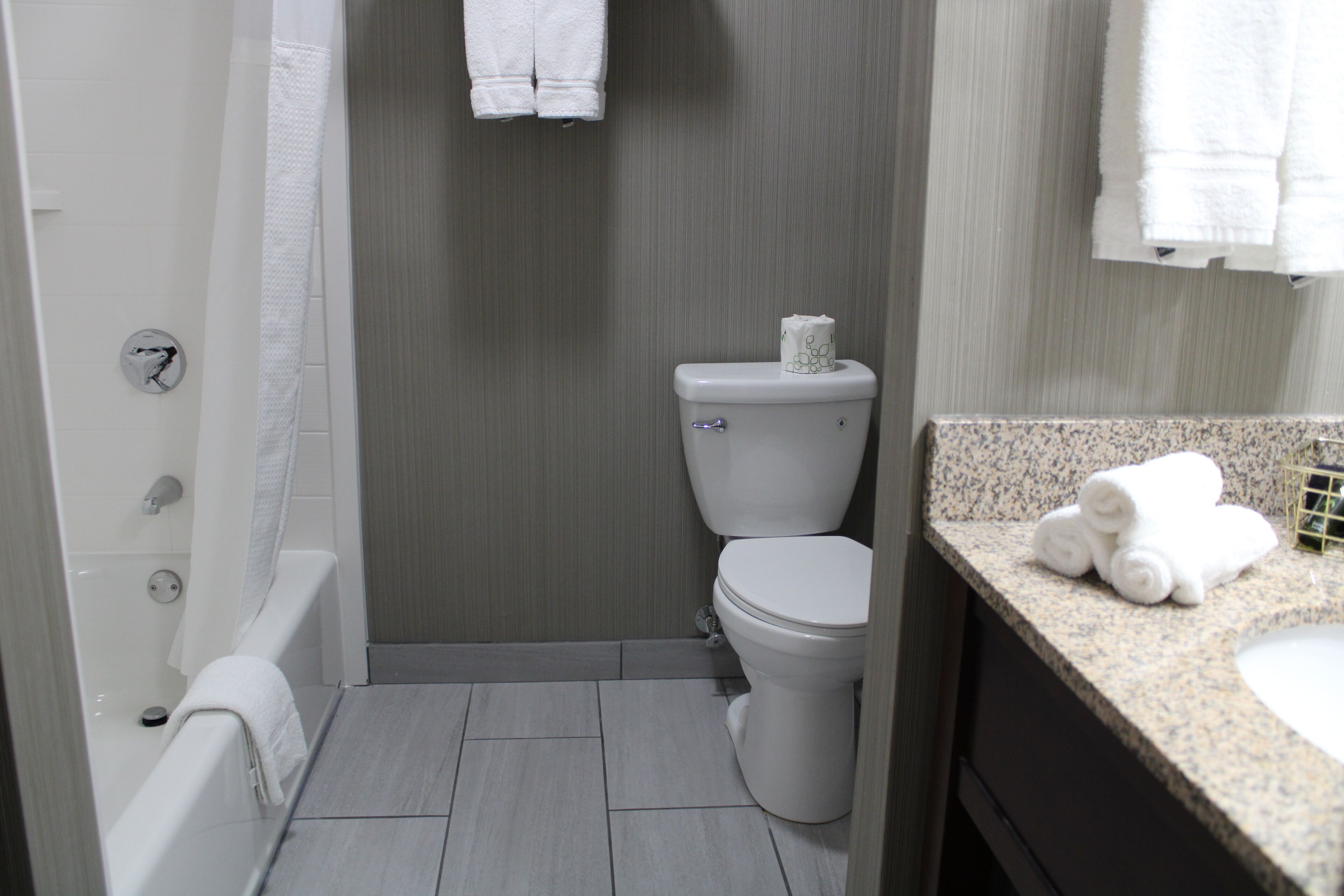 Un baño con inodoro, bañera y lavamanos.