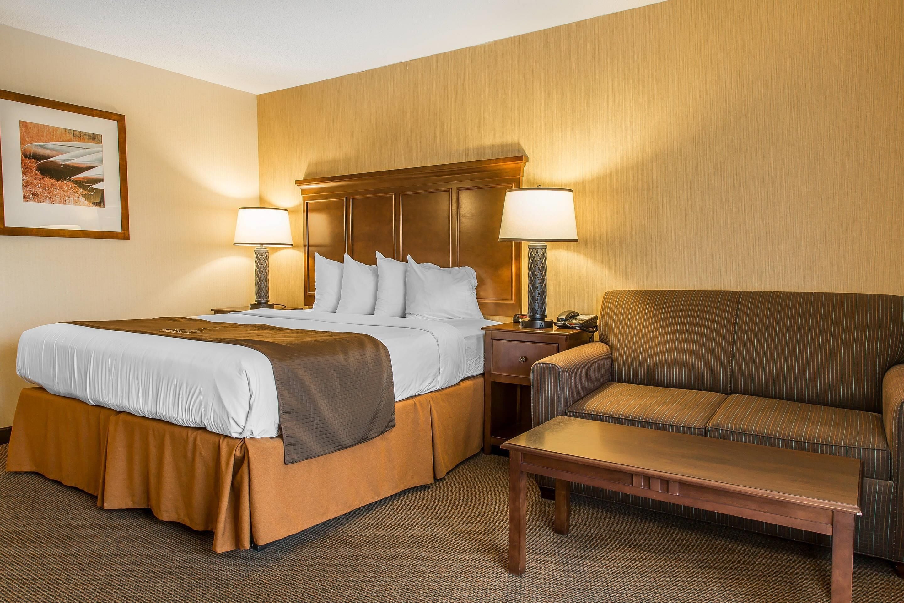 Premium bedding, desk, laptop workspace, blackout curtains