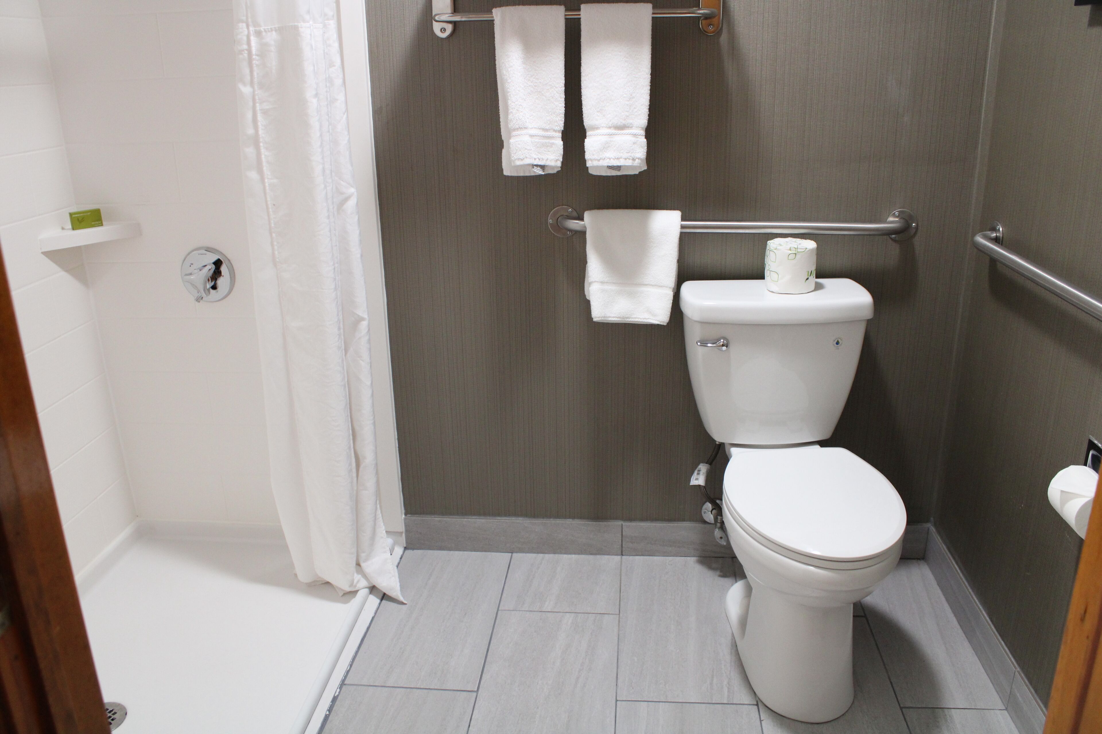 Un baño pequeño y moderno con inodoro, ducha y toallero.