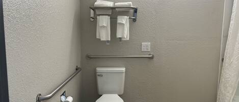 A bathroom with a toilet, a towel rack, a handrail, and a light fixture.