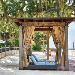 On the beach, beach cabanas, sun loungers, beach umbrellas