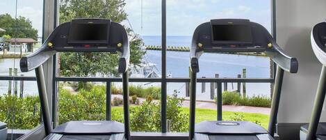 Two treadmills with a view of a body of water and greenery through large windows.