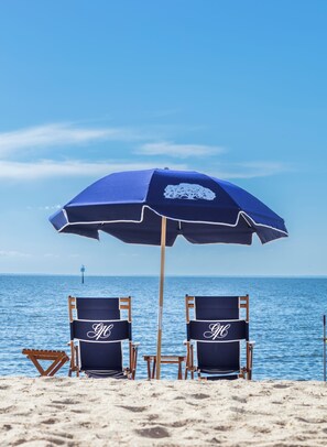 On the beach, beach cabanas, sun loungers, beach umbrellas