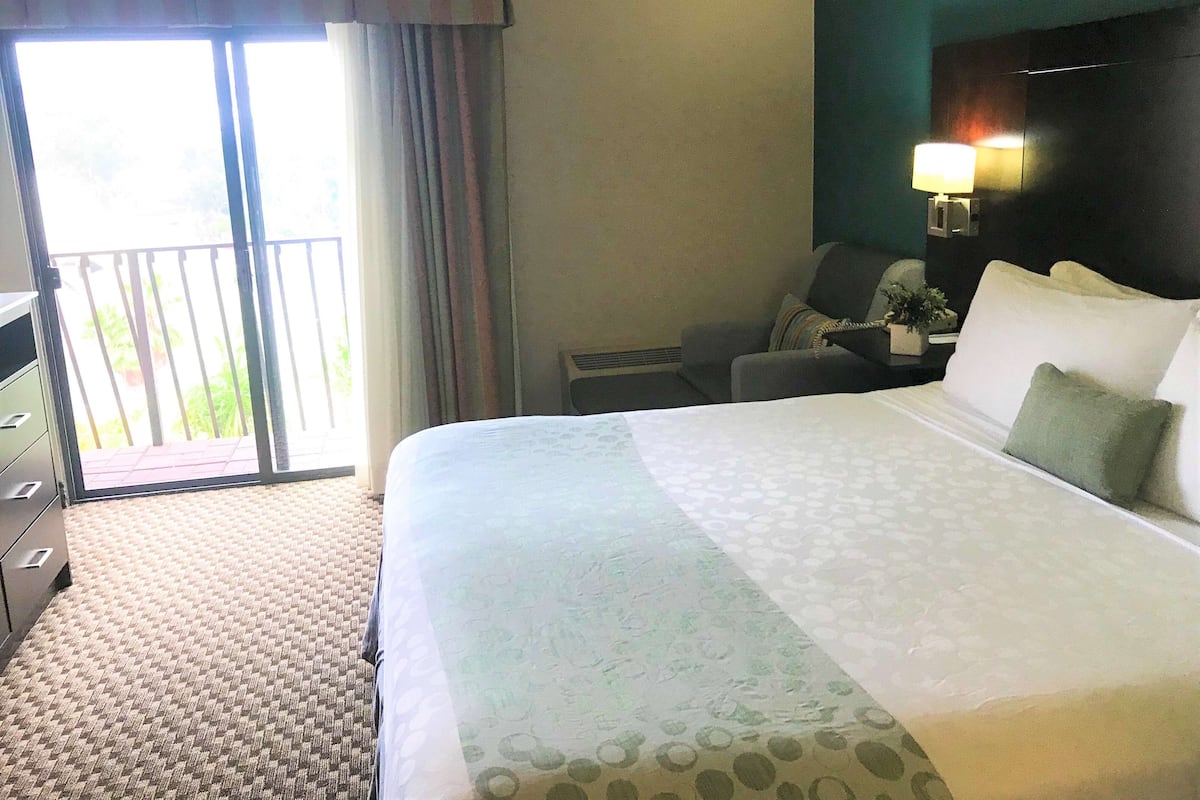 A hotel room with a large bed, a desk, a chair, a nightstand, a lamp, and a view of the outdoors through a sliding door.