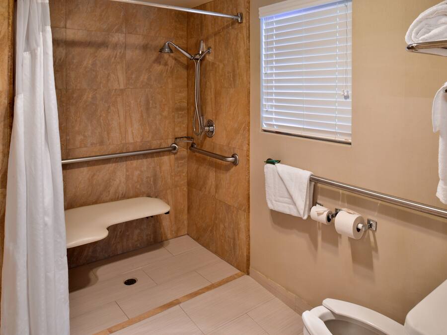 Une salle de bain avec une douche, des toilettes et un porte-serviettes.