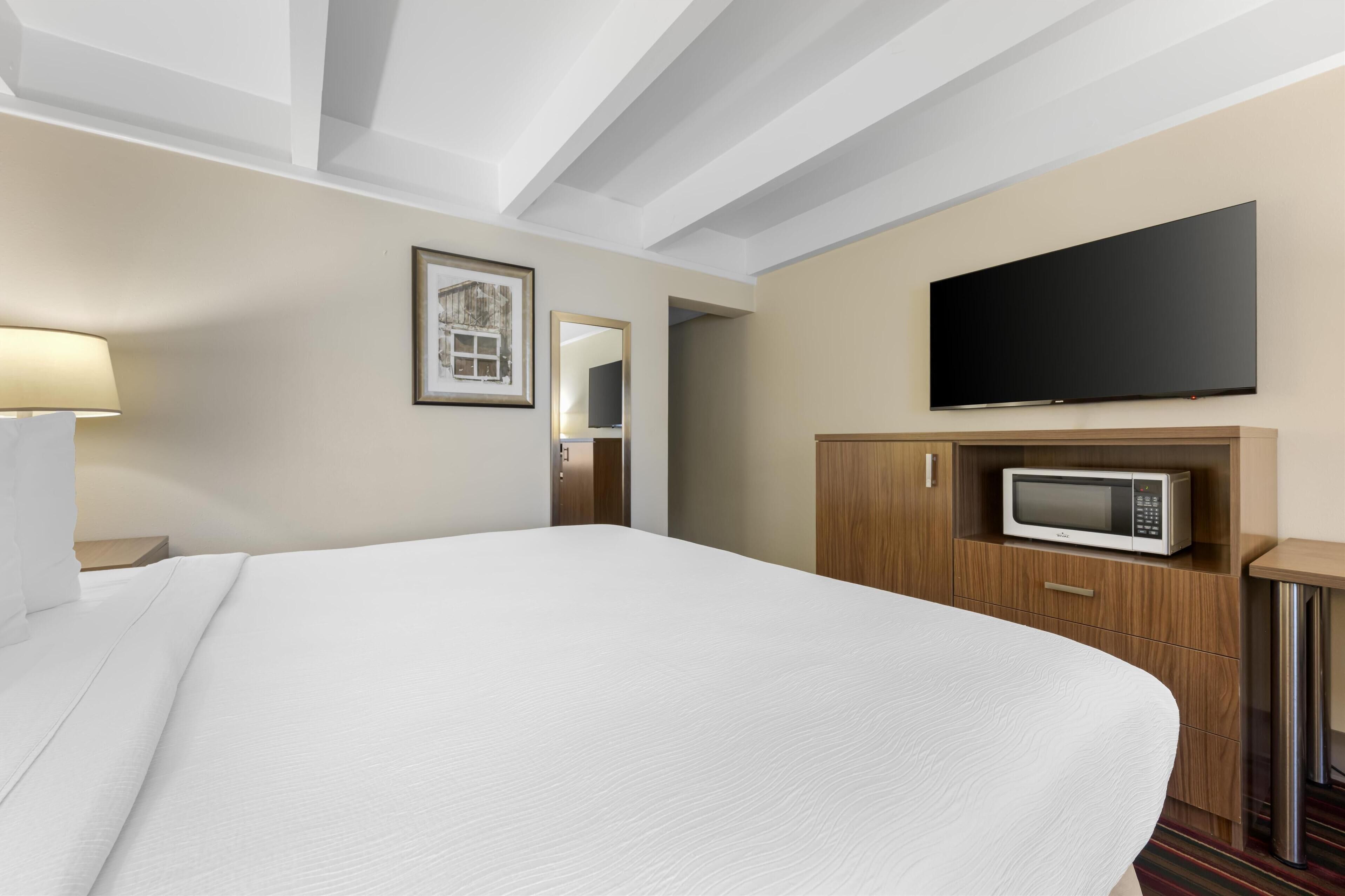 standard room, 1 king bed, non smoking, refrigerator & microwave | premium bedding, desk, blackout curtains, iron/ironing board